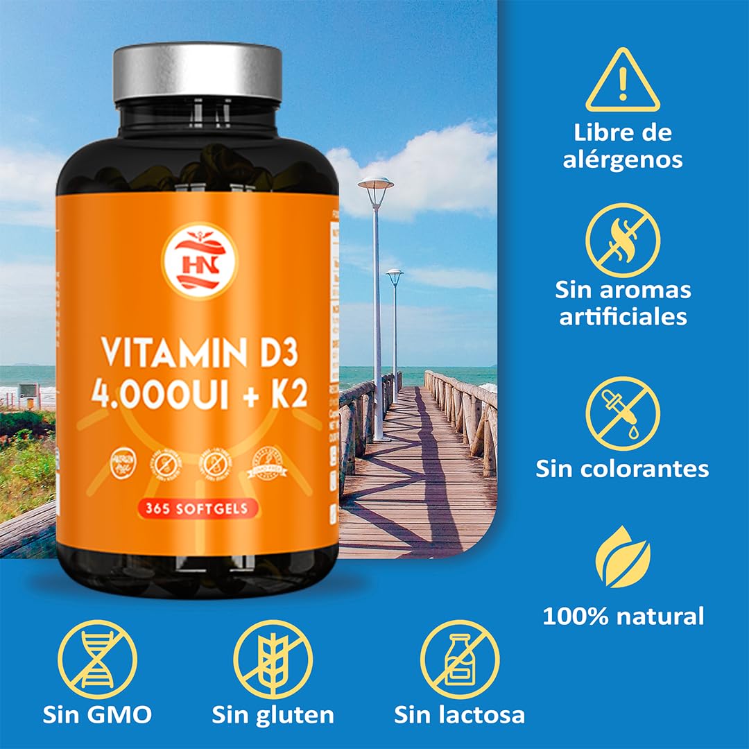 Vitamina D - 365 Cápsulas de vitamina D3 K2 – Vitamina D (4000 UI) altamente concentrada. Favorece la función inmunológica y ósea - 365 cápsulas