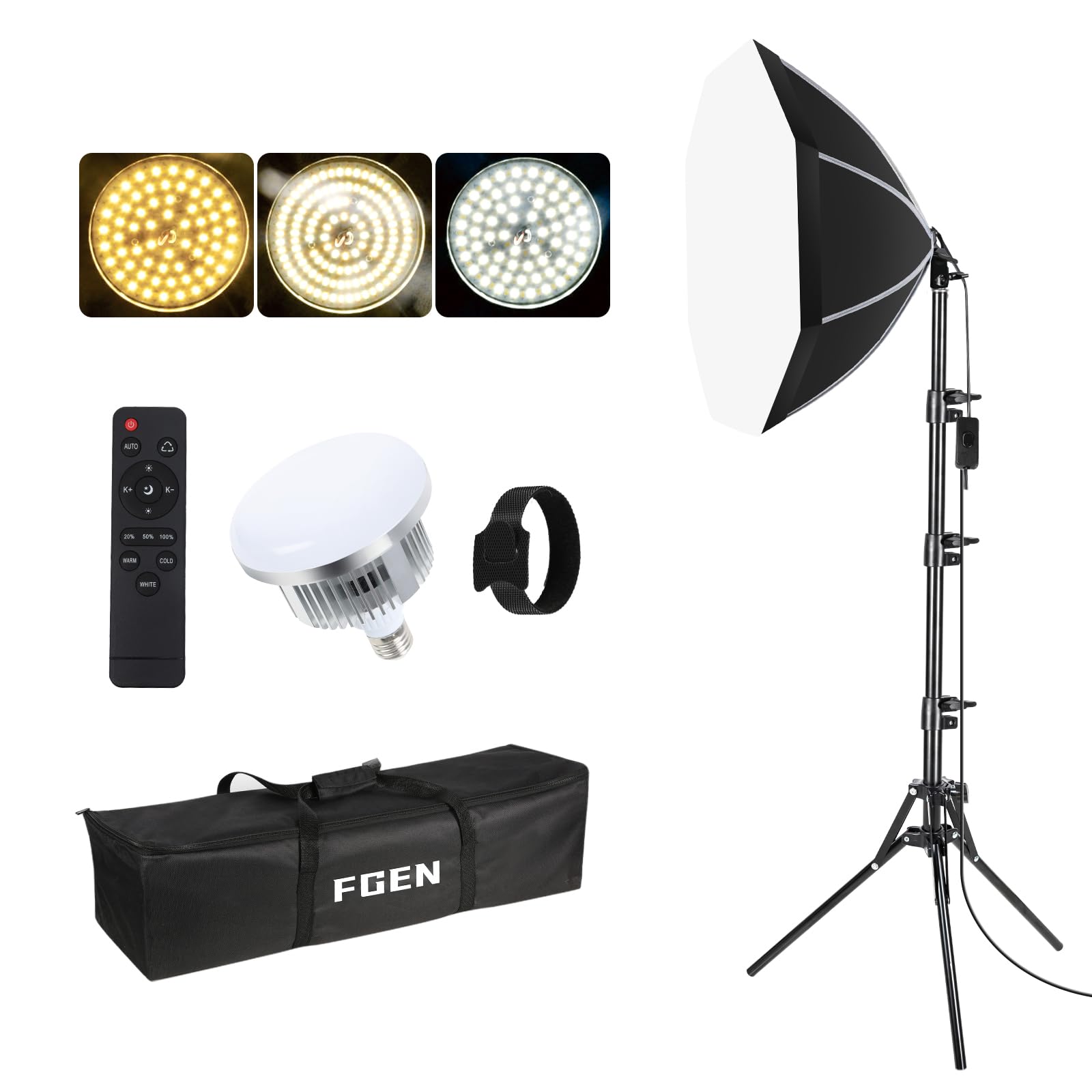 FGen Fotostudio Set,1x50cm Oktagonale Softbox mit 3000-6500K einstellbaren LED Lampen und 150cm Lichtständer,für Studiofotografie,Videoaufnahmen und Live Gaming