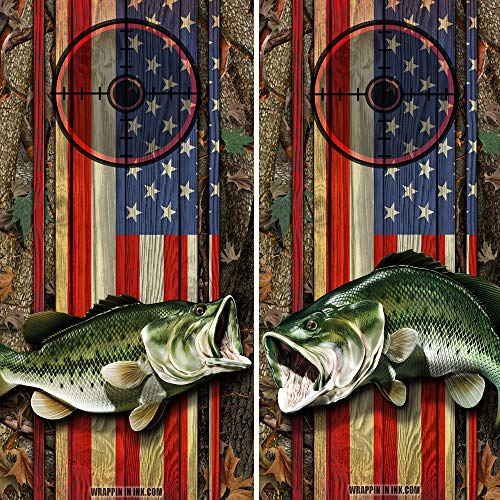 Speed Demon Hot Rod Shop Cornhole Board Wraps ~ American Flag and Camo with Large Mouth Bass Fish Corn Hole Boards Laminated Decal Wraps (Set of 2) #05/02