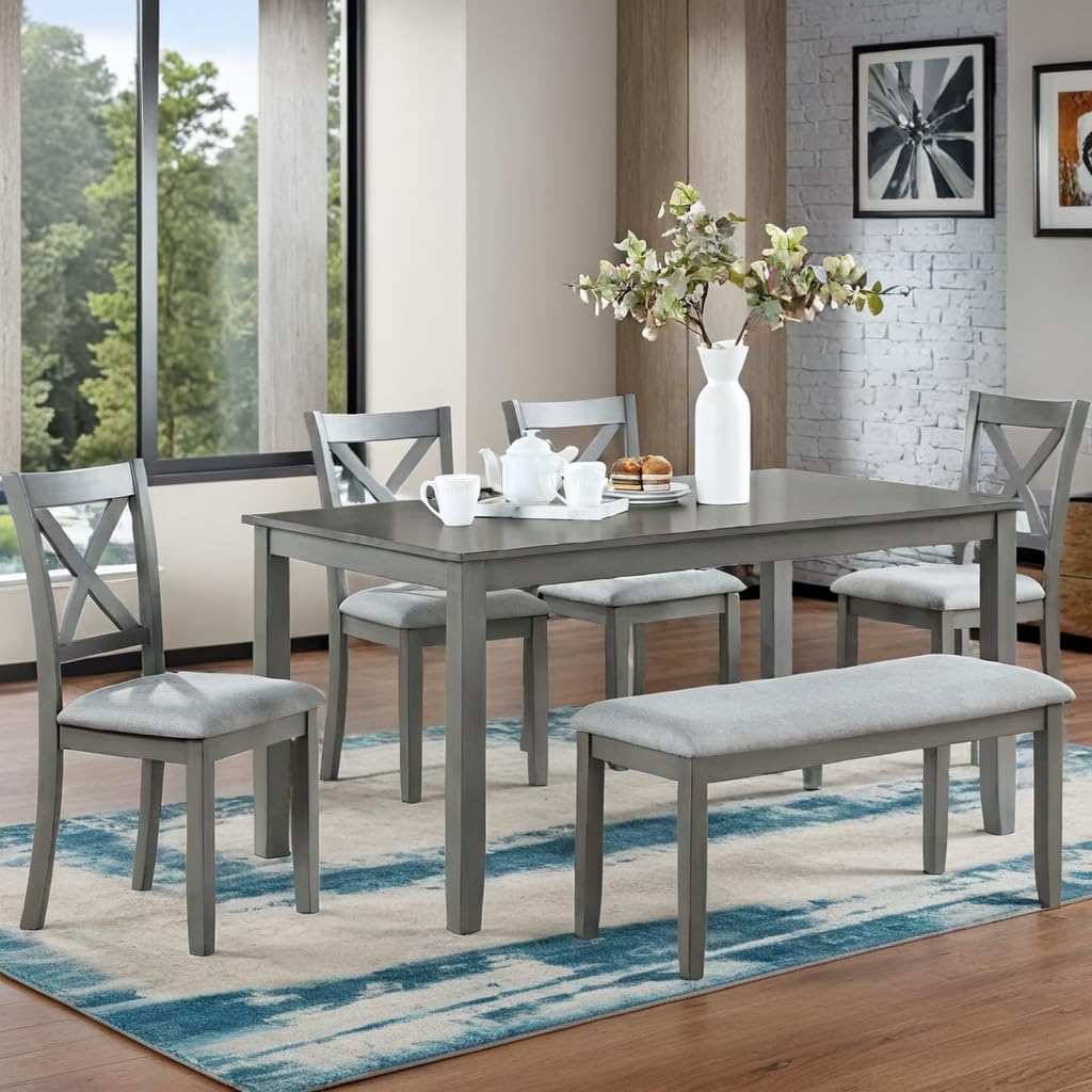 LUMISOL 6-Piece Solid Wood Dining Table Set, Farmhouse Kitchen Table Set with 4 Upholstered Chairs and Bench for Kitchen, Dining Room, Living Room, Grey