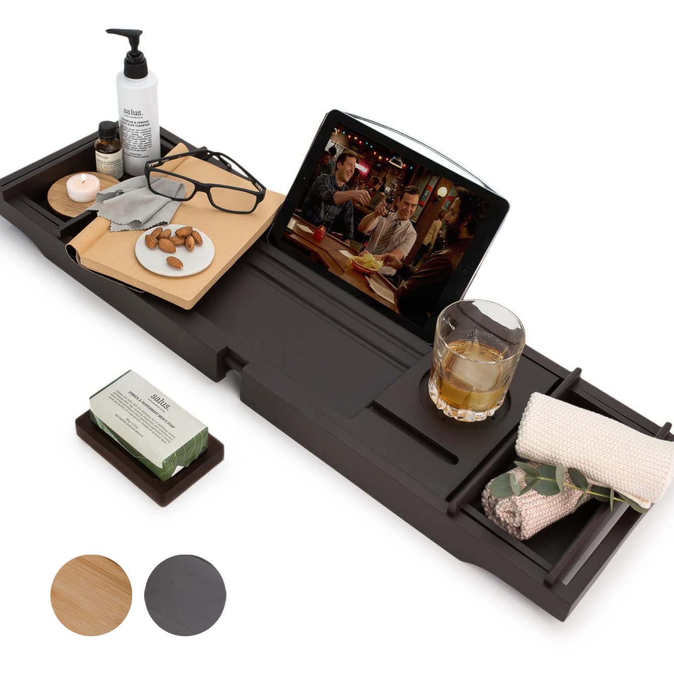 Bamboo Bathtub Caddy Tray for Tub- Expandable Bath Tray - Adjustable Organizer Tray for Bathroom for Luxury Spa - Book Holder, Tablet Smartphone and Wine Holder (Dark) by Pristine Bamboo