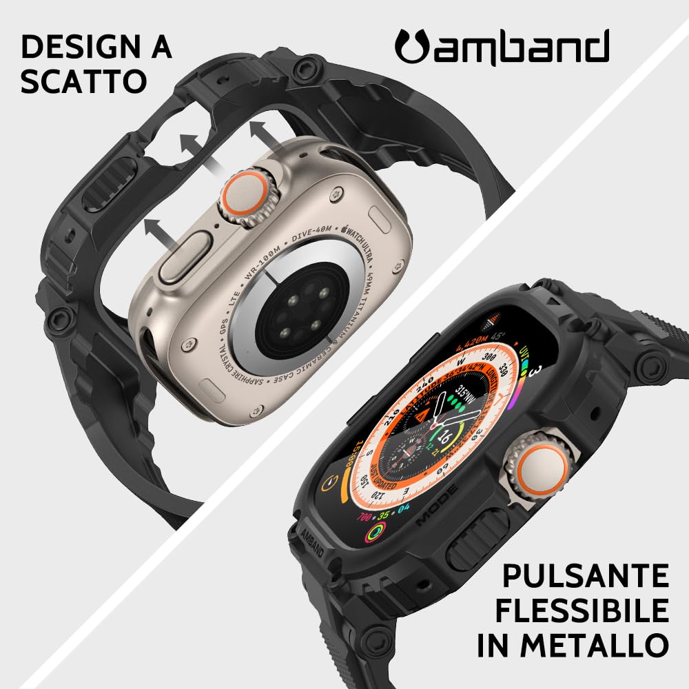 amBand Cinturino Custodia Protezione Schermo Compatibile con Apple Watch Ultra 2/1 49mm, M1 Sport Serie Rugged Cover e 2 Pack Pellicola Vetro Temperato, Protettivo Militare per iWatch 49mm Uomo Nero