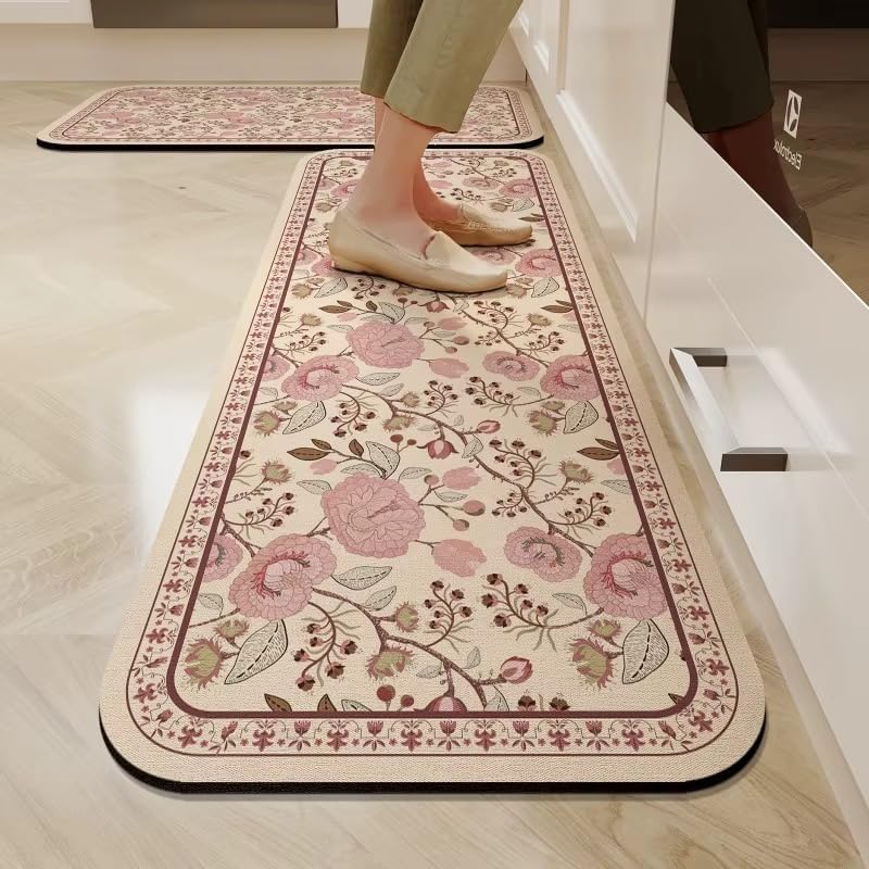 Image of 2-Piece Anti-Fatigue Kitchen Mat Set (120x40cm & 60x40cm) - Waterproof & Oil-Resistant Cushioned Runner Rugs with Non-Slip Backing, Floral Design (Colour-2)