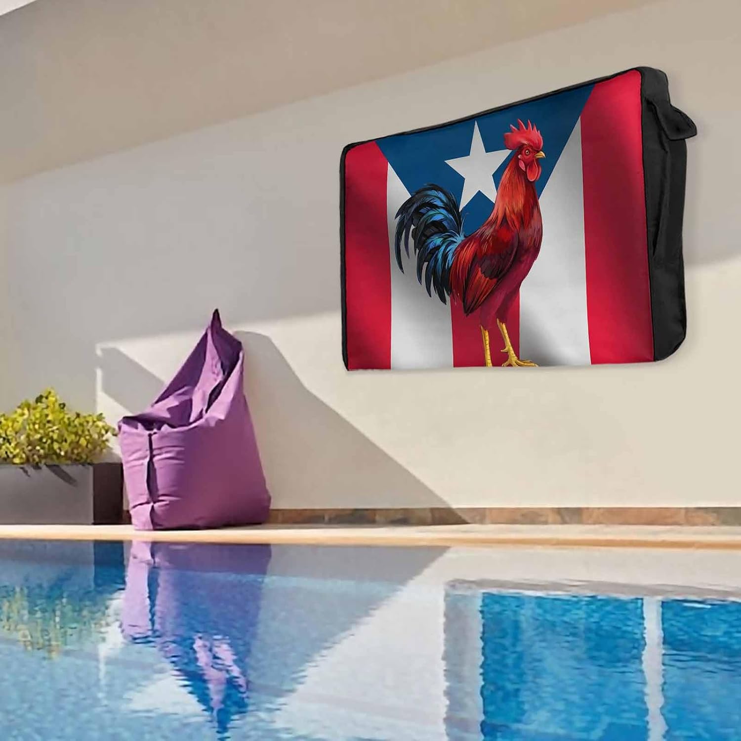 Puerto Rico Flag Waterproof Outdoor TV Cover, Chicken Animal Red Strip Pentagram Outside Weatherproof TV Enclosures for 70 to 75 Inch LCD Television Shield Flat Screen Protectors