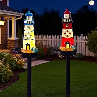 2 pacchetti di lampade da pavimento faro solare rosso e blu, resina decorativa giardino carino lampade faro, luce a LED senza fili al tramonto all'alba impermeabile.