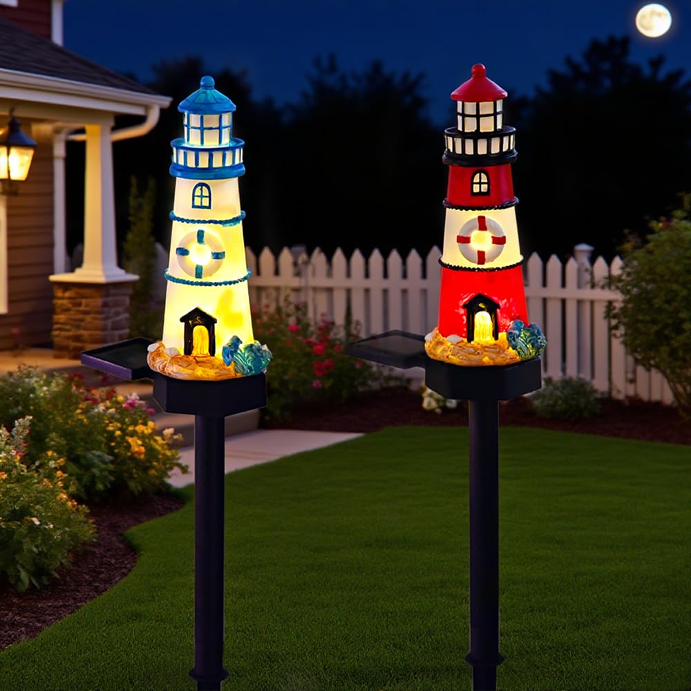 2 Packungen von solarbetriebenen roten und blauen Leuchtturm Bodenlampen, Garten dekoratives Harz niedliche Leuchtturm Lampen,Drahtlose Dämmerung bis Dämmerung LED-Lichter wasserdicht.