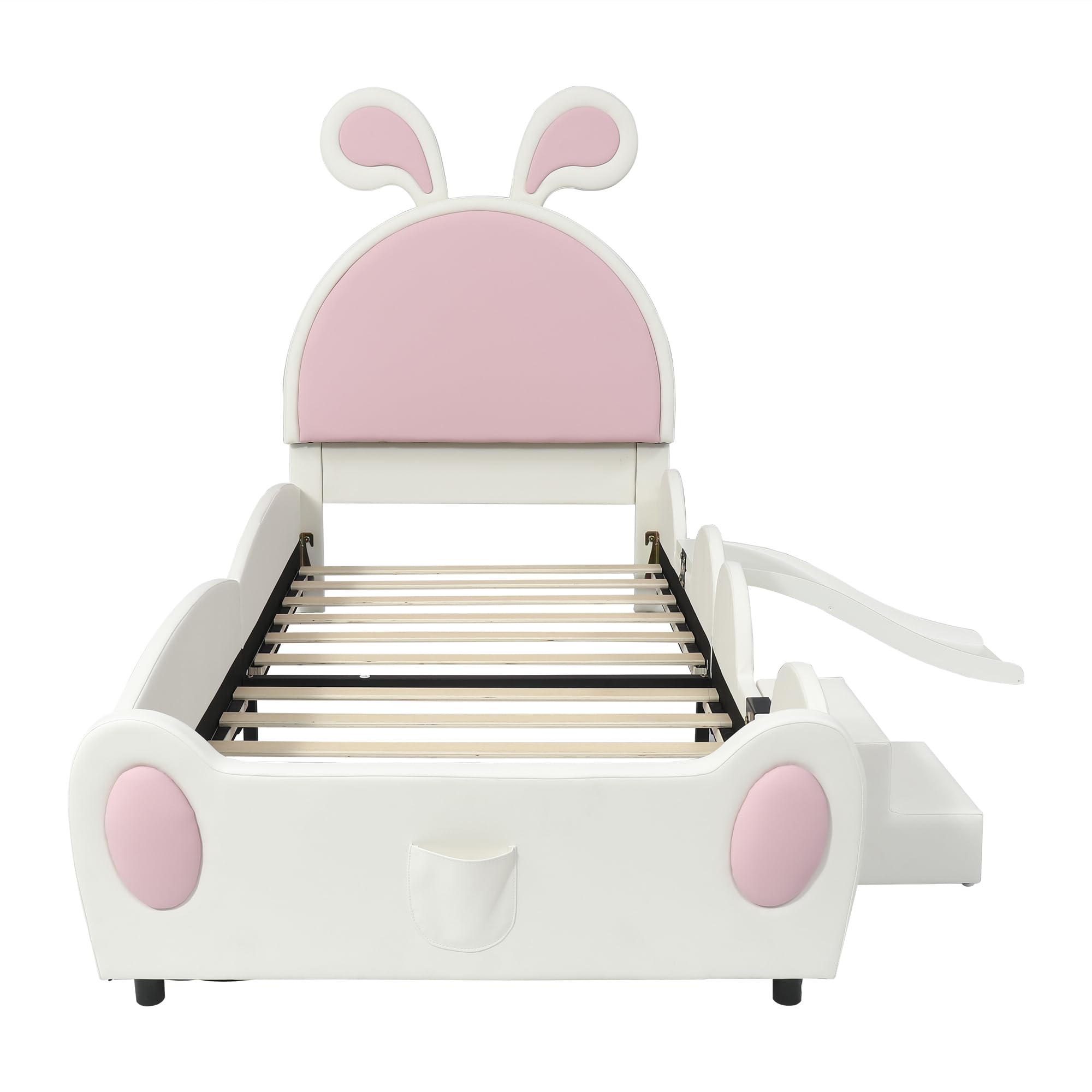 SUKY Letto imbottito 90 x 200 cm, letto singolo con piccola scala e scivolo per bambini, testiera con orecchie di coniglio, lettino con doghe in legno, PU, bianco+rosa