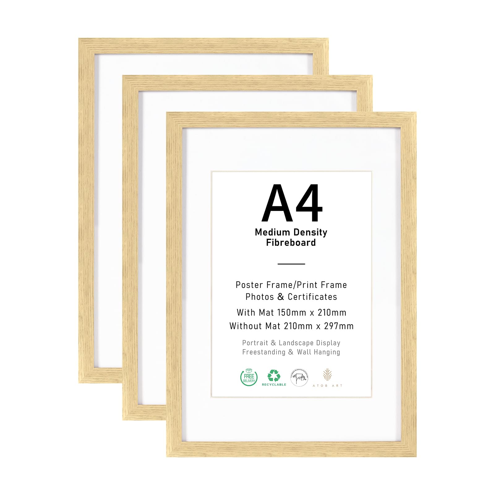 A4 Picture Frame Set of 3, Display 15x21cm with Mat Images, Natural Wood Color Photo Frames for Wall Mounting or Table Top Display