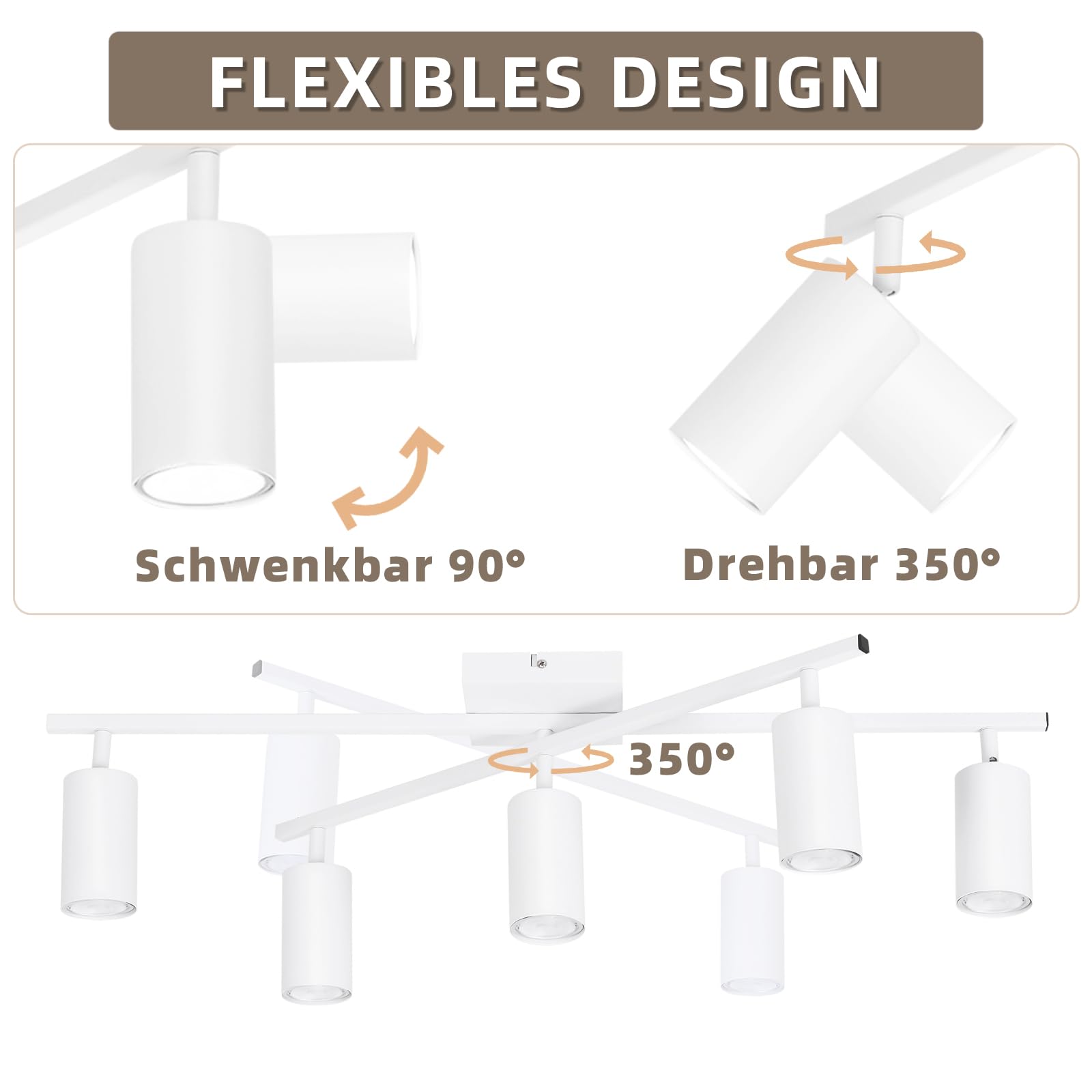 LED Deckenstrahler Weiß Spots Deckenleuchte 5 Flammig Deckenspots | Küche 350°Schwenkbar modern Deckenlampe Strahler Wohnzimmerlampe Industrial für Esszimmer inkl. 6 × GU10 3000K Leuchtmittel