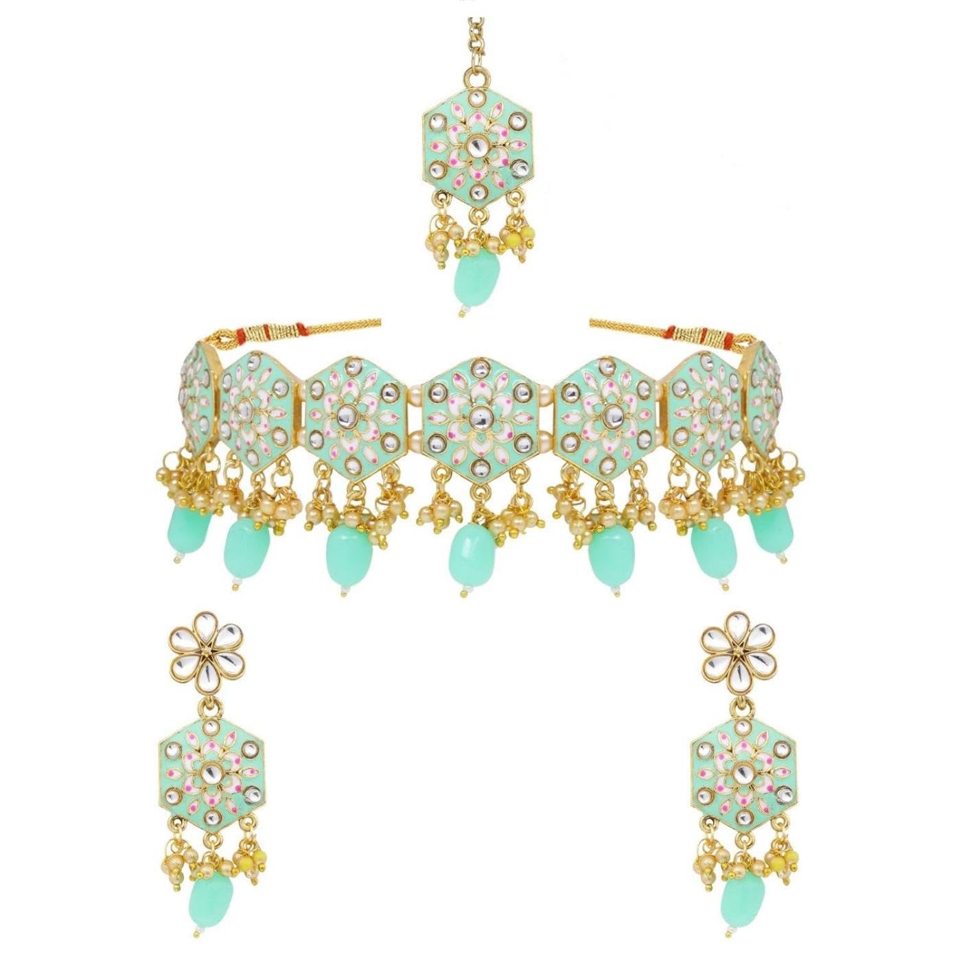 Efulgenz Meenakari Choker Set Indian Jewelry Crystal Kundan Faux Pearl Choker Necklace Earrings Maang Tikka Wedding Bollywood Bridal Jewelry Set for