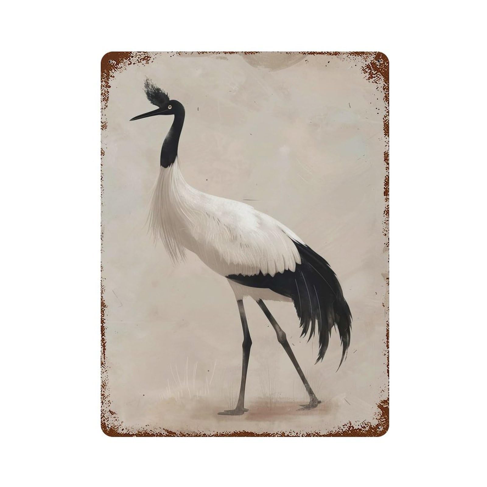 Garage Style Black-necked Crane Illustration Aged Metal Wall Plaque 15.7"x11.8", Farmhouse Wall Decor for Bar And Workshop