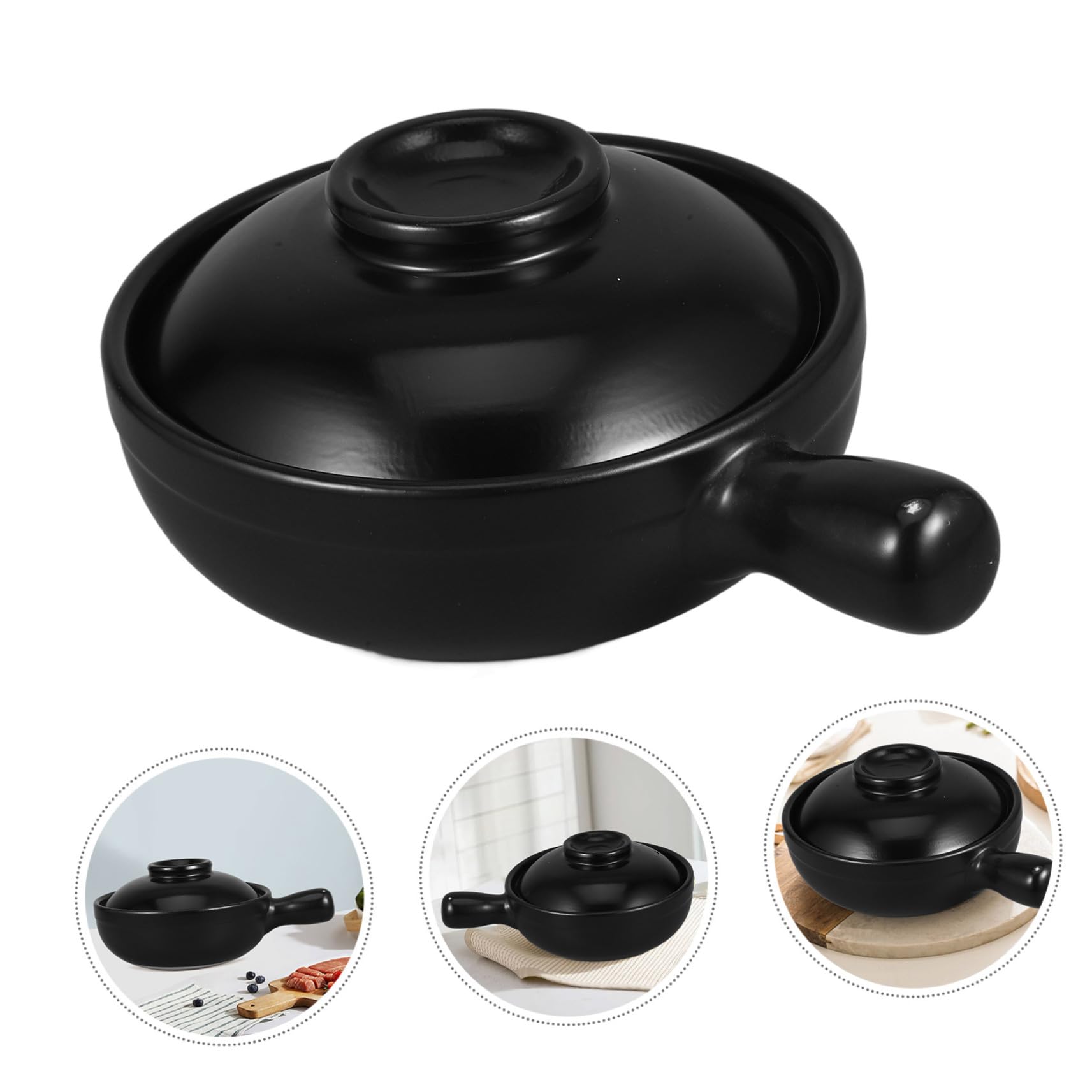 Cazuela de Barro Sola Asa 900ml con Tapa, Cerámica Negra | Recipiente Profundo para Gachas y Guisos, Uso Comercial y Microondas, Fácil de Limpiar