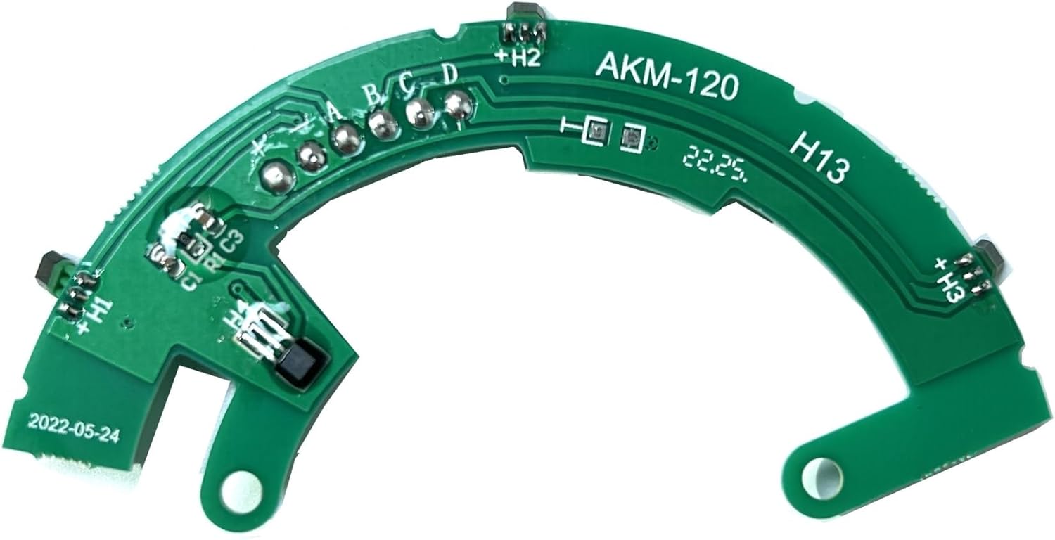 Top view of the green PCB board with 'AKM-120' and 'H13' markings, showing solder points and electronic components.