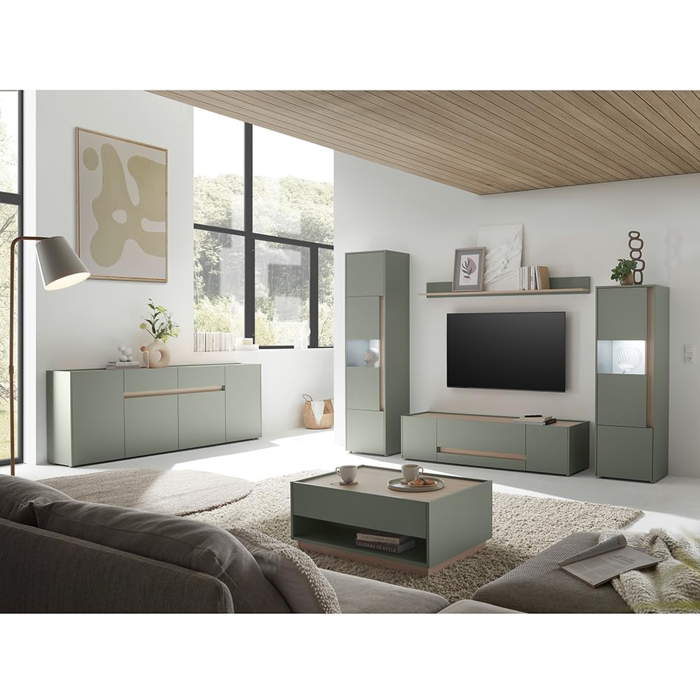 Lomadox Wohnzimmer Set in grün mit Eiche inkl. Beleuchtung, 6-teilig mit Sideboard, Couchtisch, Vitrinen, Regal