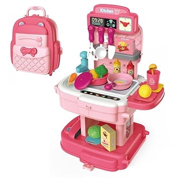 2 in 1 Portable Pretend Food Party Role Cooking Kitchen Play Set Toy for Boys and Girls 34Pcs (Pink)