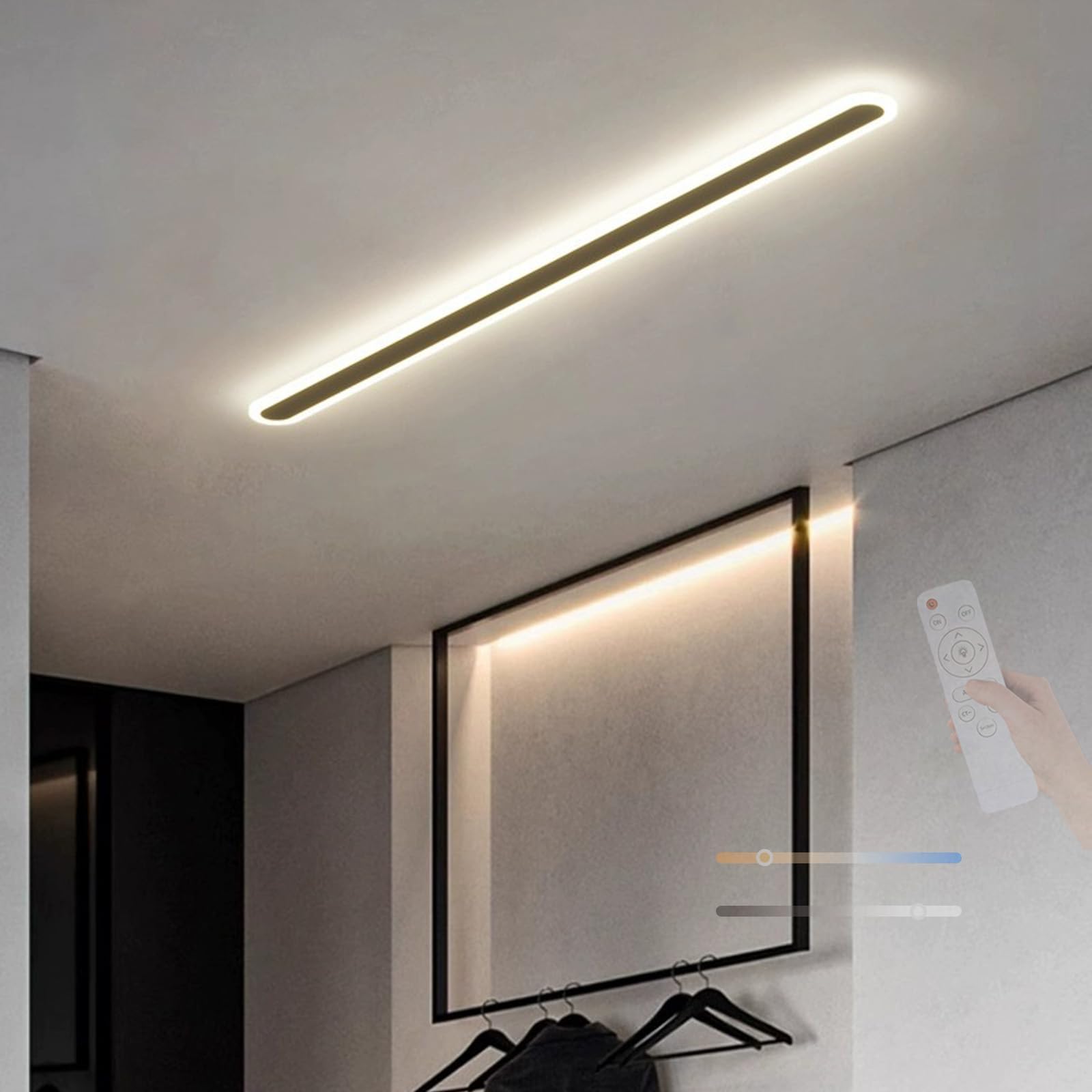 TZSMUM LED Ceiling Lights Modern Indoor with Remote Control Ceiling Lamp Dimmable 2700K/4500K/6500K Ceiling Light Long Strip Aluminium for Living Room Office Hallway (Black,100cm)