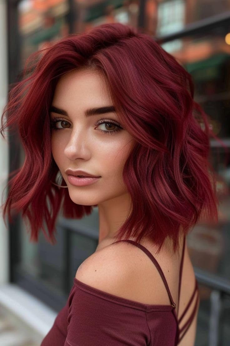 PORSMEER Short Burgundy Wavy Bob Wig with Natural Lace Middle Parting,Shoulder Length Synthetic Hair Wig Realistic Looking Wigs for Daily Party Use 14”,Dark Red - Image 4