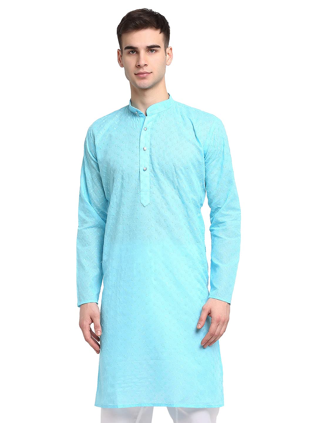 Jompers Men Sky Blue & White Self Design Kurta (Sky, S)
