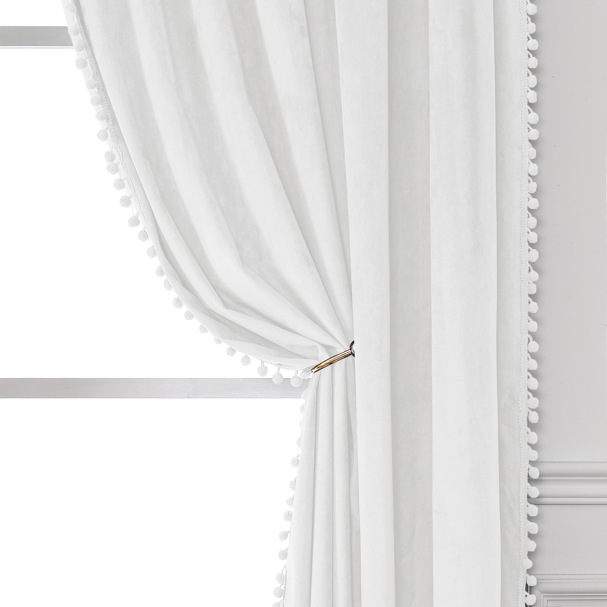 Victree Pom Pom Velvet Curtains for Bedroom, Blackout Curtains 42 x 84 inch Length - Room Darkening Sun Light Blocking Rod Pocket Window Drapes for Living Room, 2 Panels, White