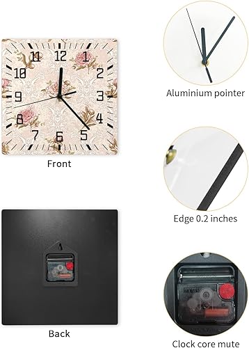 Miniatura 2 de Reloj de pared de madera con flores rosas, silencioso, sin tictac, estampado floral de primavera, blanco, vintage, cuadrado, funciona con pilas,