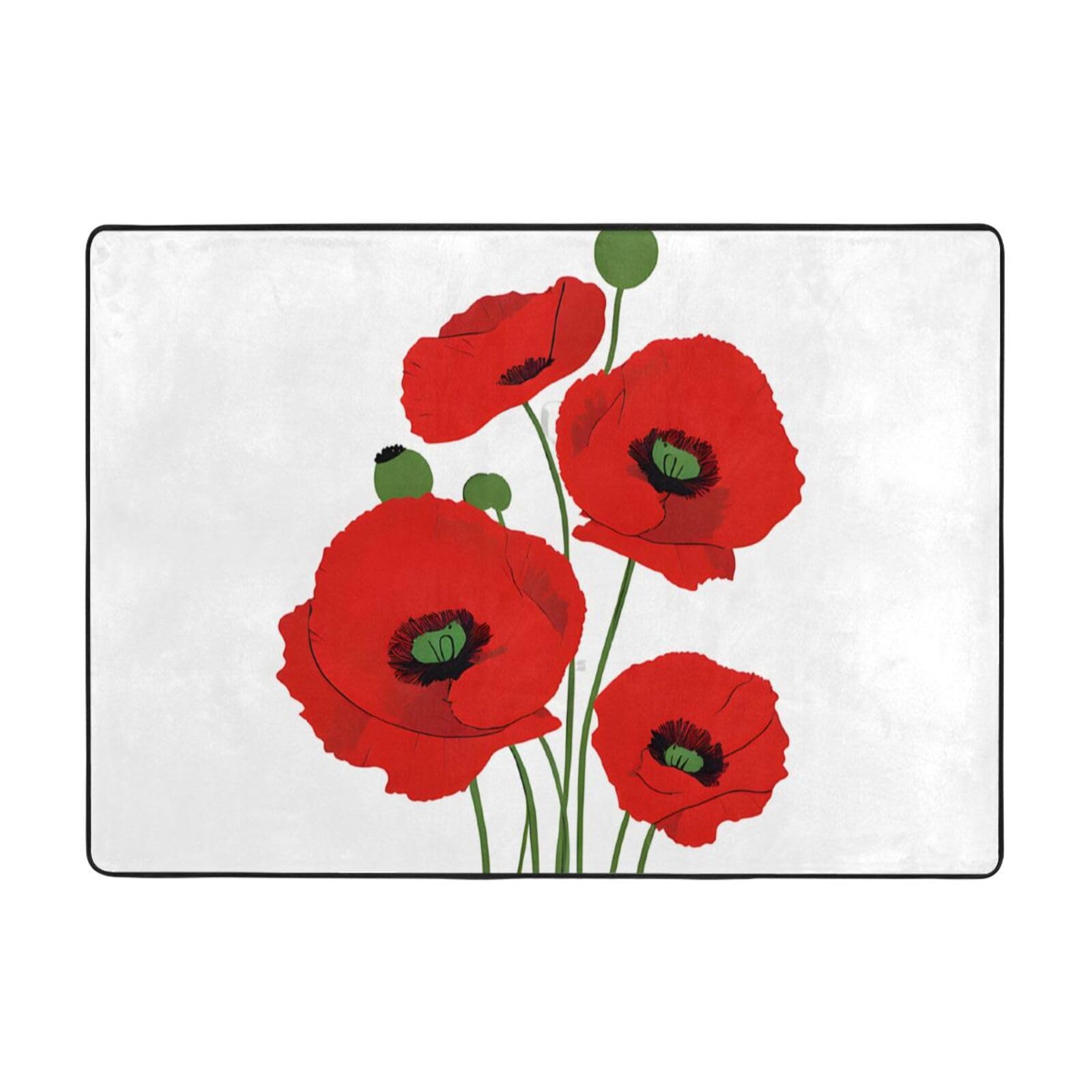 Poppy Flowers Print Living Room Anti Slip and Absorbent Carpet, Indoor Bedroom Bed Floor Mat, Ultra Soft Washable Carpet 80x58 in
