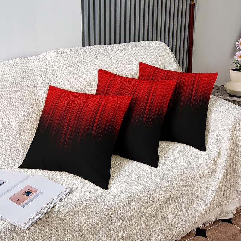 Miniatura 4 de Paquete de 2 fundas de almohada decorativas geométricas abstractas degradadas, suaves a rayas rojas y negras, juego de fundas de cojín cuadradas