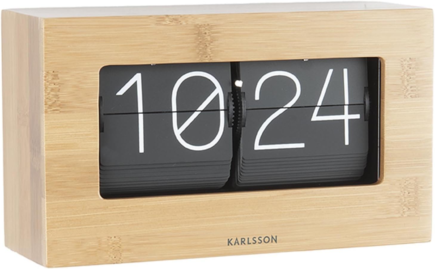 Karlsson Flip Table Clock showing its side and back, indicating where the battery compartment might be located.