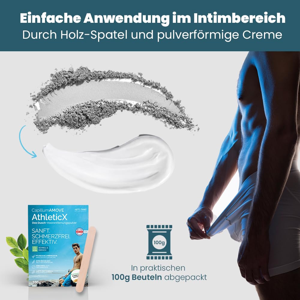 Capillum AMOVE AthleticX Premium Enthaarungscreme Intimbereich 5x300g - sanftes Enthaarungspulver Männer Schmerzfreie Dusch-Haarentfernungscreme ohne Zusatzstoffe mit neutralem Geruch