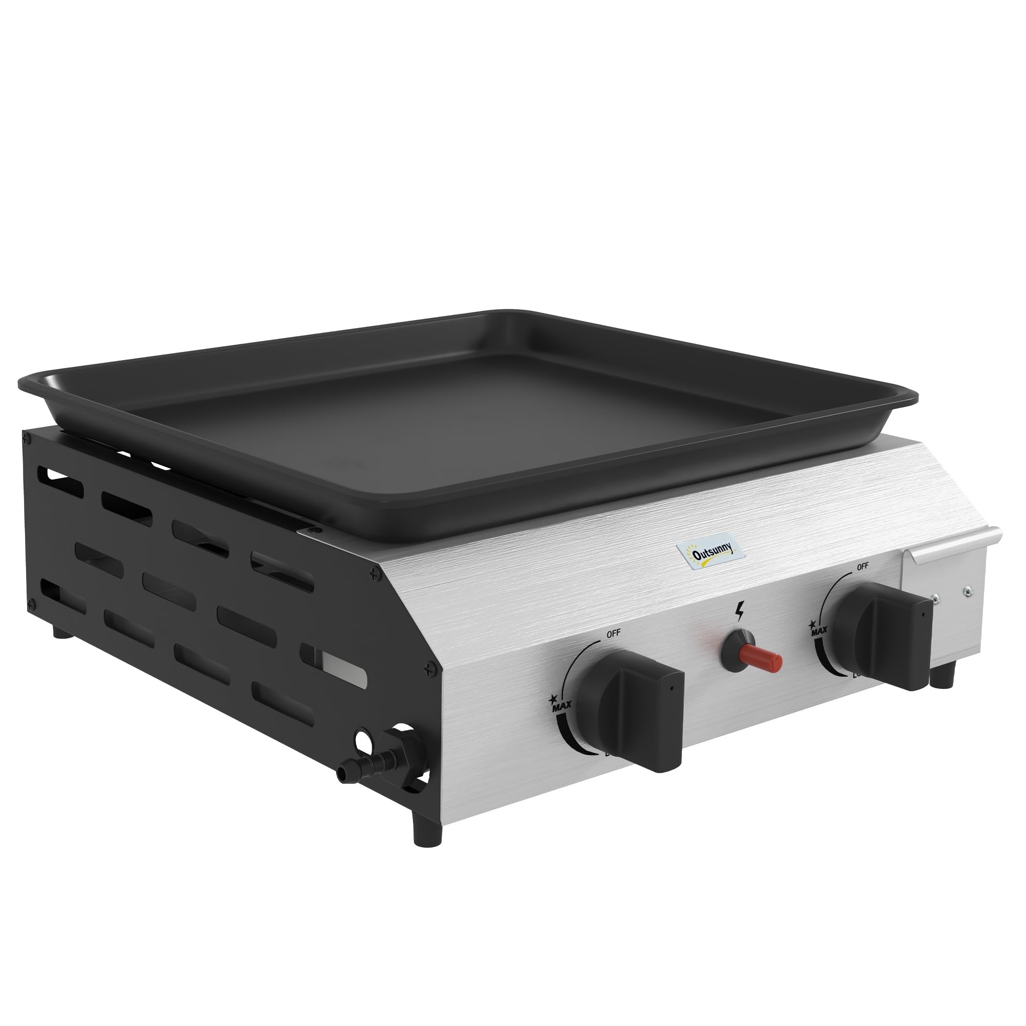 Outsunny Barbecue a Gas in Acciaio, Piastra a Gas Smaltato a 2 Bruciatori da 2.4kW, Griglia Barbecue Portatile con Piedini Regolabili e Vassoio Raccogli Grasso, Regolatore, Tubo, Argento