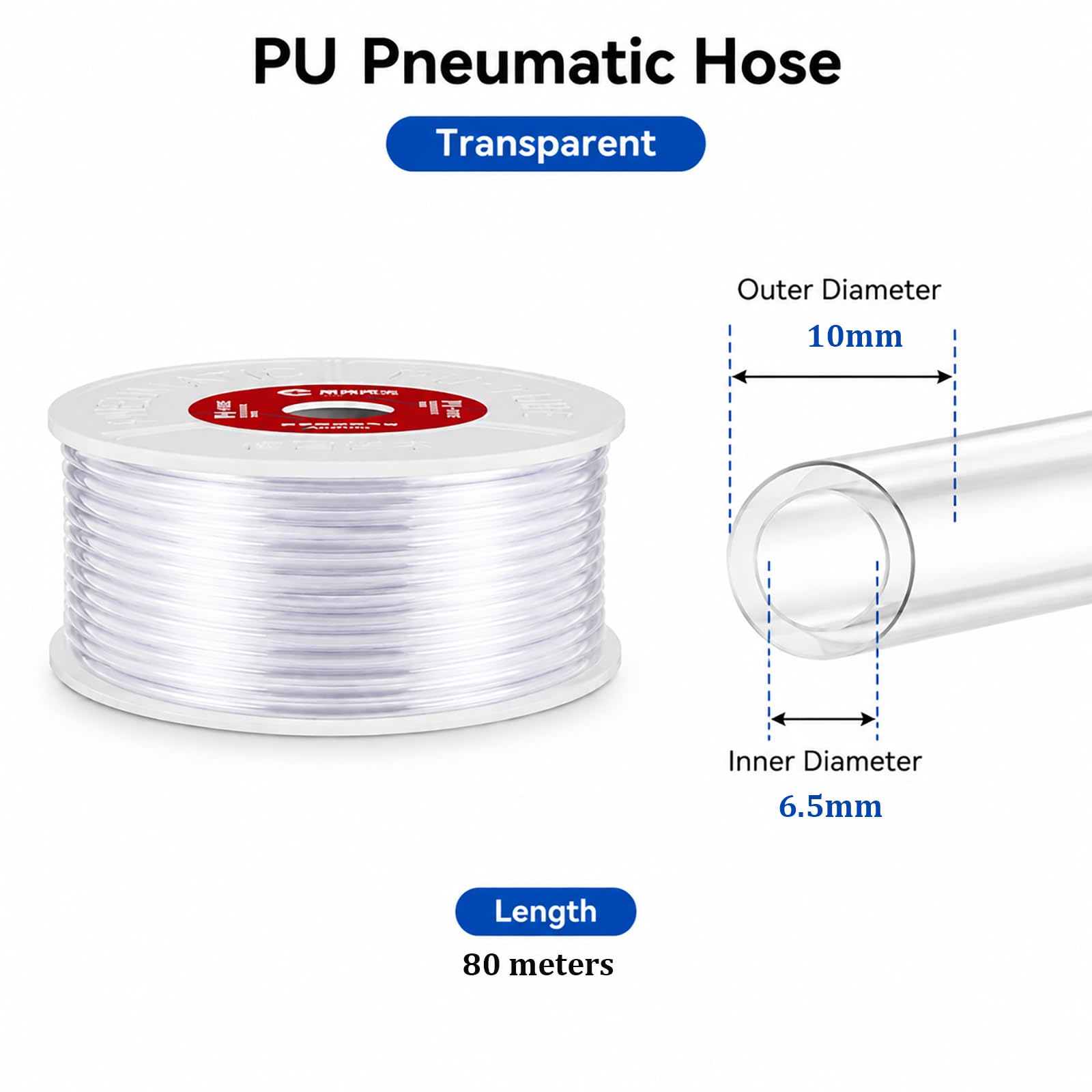 COYOUCO Tubo Pneumatico Trasparente in PU da 10-100m, Diametro Esterno 10mm x Diametro Interno 6,5mm,80m | Flessibile, Resistente all'usura, Resistente alle pieghe, Alta elasticità, Facile da installare, Resistente alla temperatura