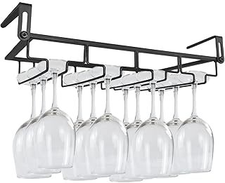 Adjustable Under Cabinet Stemware Holder - Metal Wine Glass Hanger Organizer for Kitchen, Bar, Shelf - Rustproof Hanging Storage Rack for 6-8 Glasses - Space Saving Decor (Black, 4 Rows)