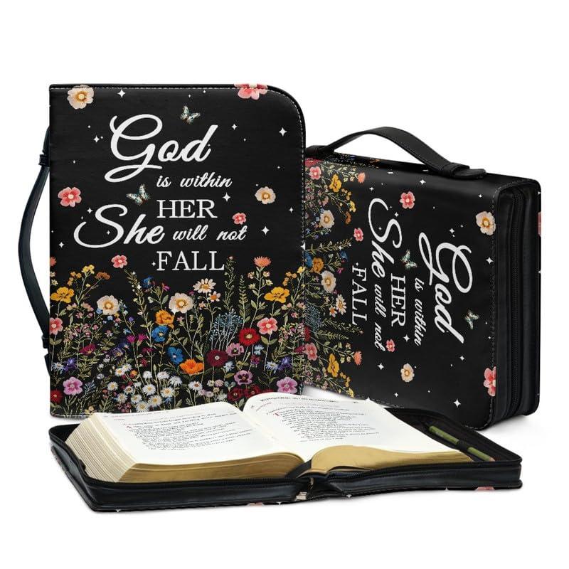 Kuiaobaty Lord Saying Floral Bible Cover for Women, Inspired God Quotes Bible Carrying Cases with Handle PU Leather Zipper Book Bag - Image 4
