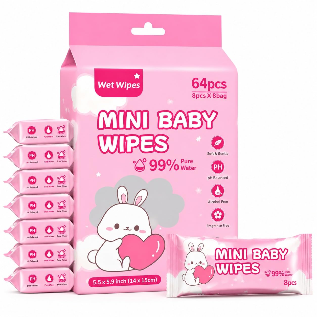 pocket wet wipes 64 count (8 packs x 8 wipes) | 99% pure water wet tissues | alcohol free & fragrance free baby wipes | travel wipes for hand face cleaning | pocket size wet tissue for kids & adults-eesome