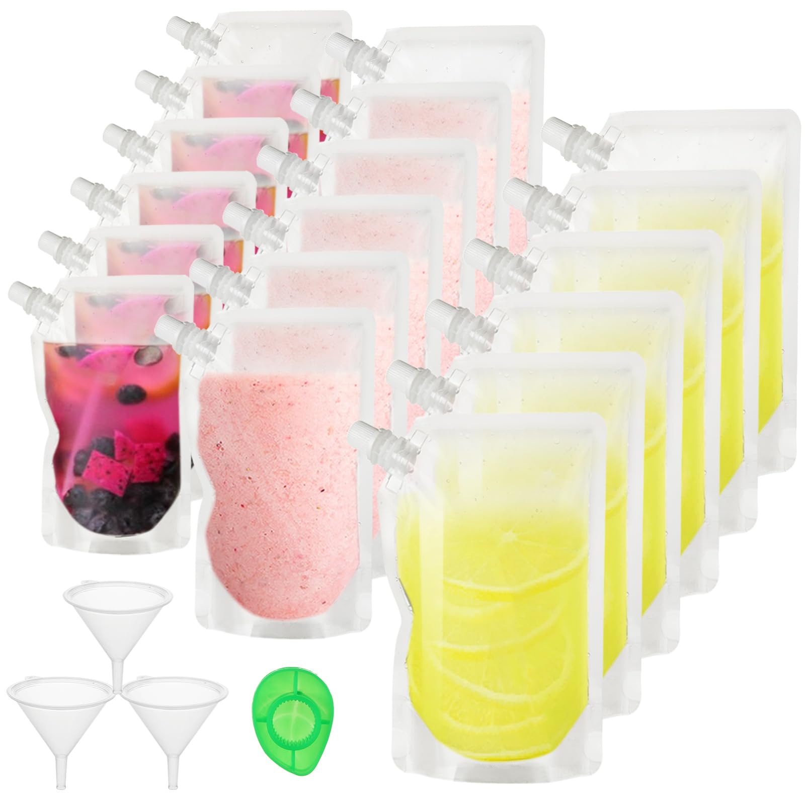 ASelected 24Pcs Drink Pouches for Festivals, Plastic Reusable Hip Flask with Spout Leak Proof Alcohol Juice Liquid Pouches Bags Clear Travel Pouch with Funnel (500 ML, 420 ML, 250 ML)