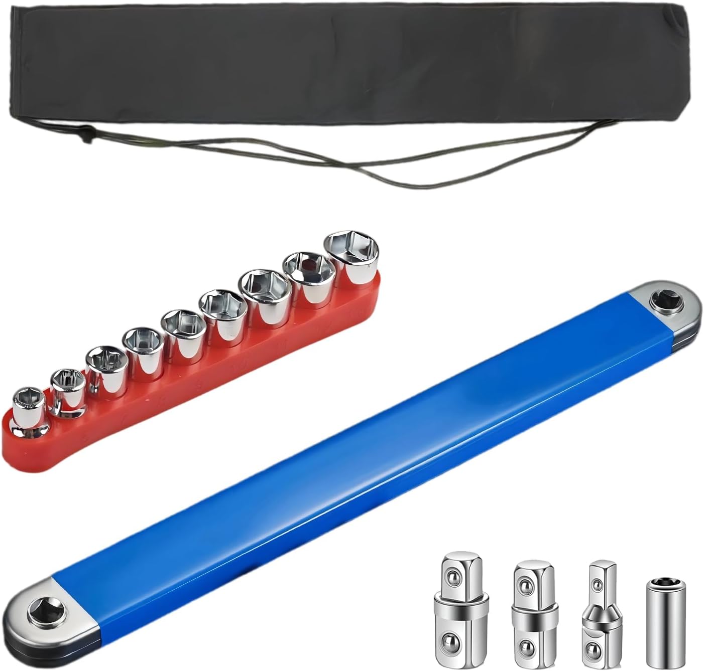 Offset Extension Wrench Tool Set with 3/8" to 1/4" Adapters, 0° Swing Arc Tight Reach Wrench for Automotive Repairs in Hard-to-Reach Spaces, Includes 9 Metric Sockets & Storage Bag