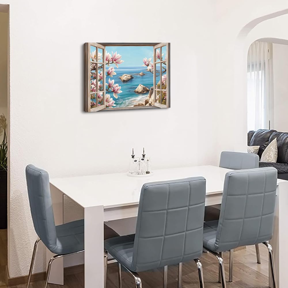 PIY PAINTING Wasserfront Szene Spiaggia Quadri Moderni Soggiorno Stampe Da Parete Mare e Finestra Disegno Su Tela Fiore Immagine Pittura Dipinto Quadro Con Cornice Decorazione Camera Da Letto 30x40 cm