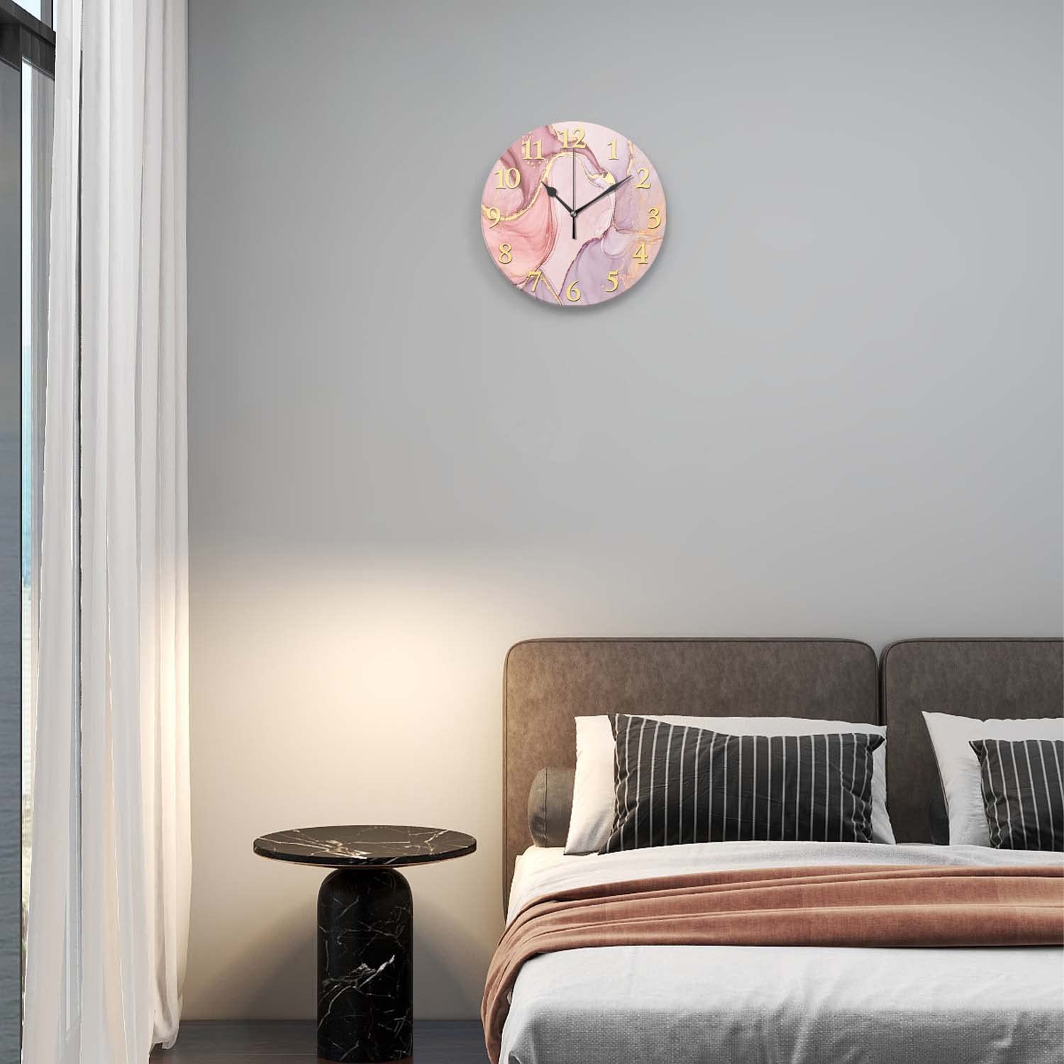 Reloj de pared con textura de mármol, reloj de pared de teñido anudado de oro rosa, reloj de pared con línea dorada, reloj redondo de pared de 13.4 x 13.4 pulgadas, funciona con pilas, para 4