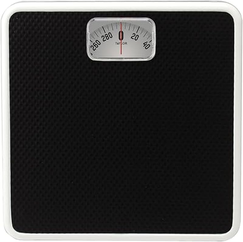 Analog Bathroom Scale for Body Weight, White with Black Mat, 300 lb Capacity in 1 lb Increments, 9.8 x 9.8 in Platform, 5-Year Warranty