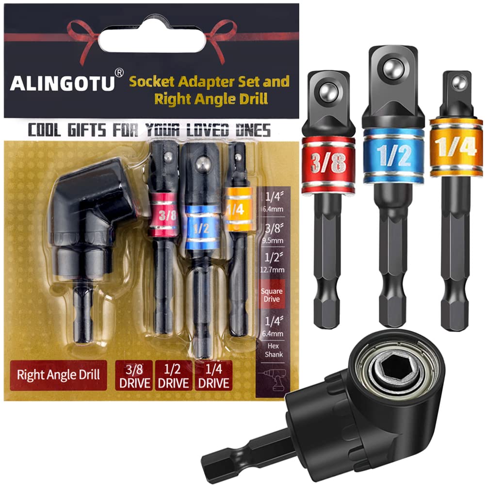 Right Angle Drill Attachment,Nut Driver Set,3Pcs 1/4 3/8 1/2" Universal Socket Adapter Set,105 Degree Right Angle Screwdriver Set Drill Hex Bit Socket Adapter,Cool and Unique Gifts for Men