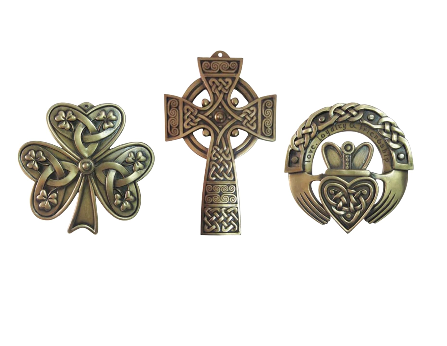 Royal Tara Bronze Plaques Set of 3 - Irish Shamrock, Cross of Hope and Claddagh Ring Metal Wall Signs, CL-Plaques(Setof3)2