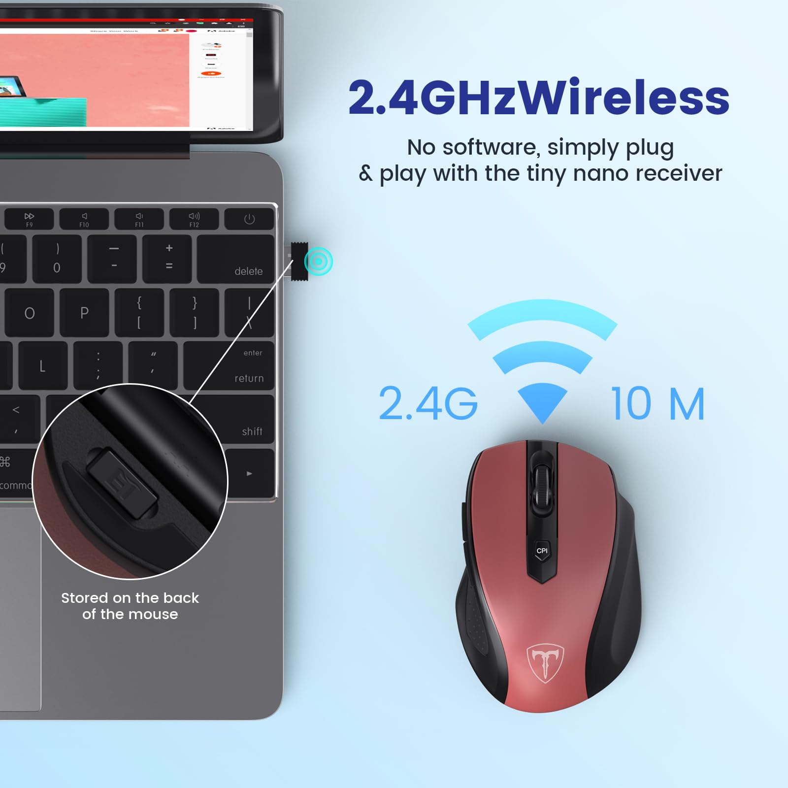 HOTWEEMS Mouse senza fili ergonomico per laptop, mouse senza fili USB 2.4G - Rosso | Mouse portatile D-09 a 5 livelli, 2400 DPI, 6 pulsanti, batteria da 16 mesi, per PC, Mac, Chromebook HOTWEEMS