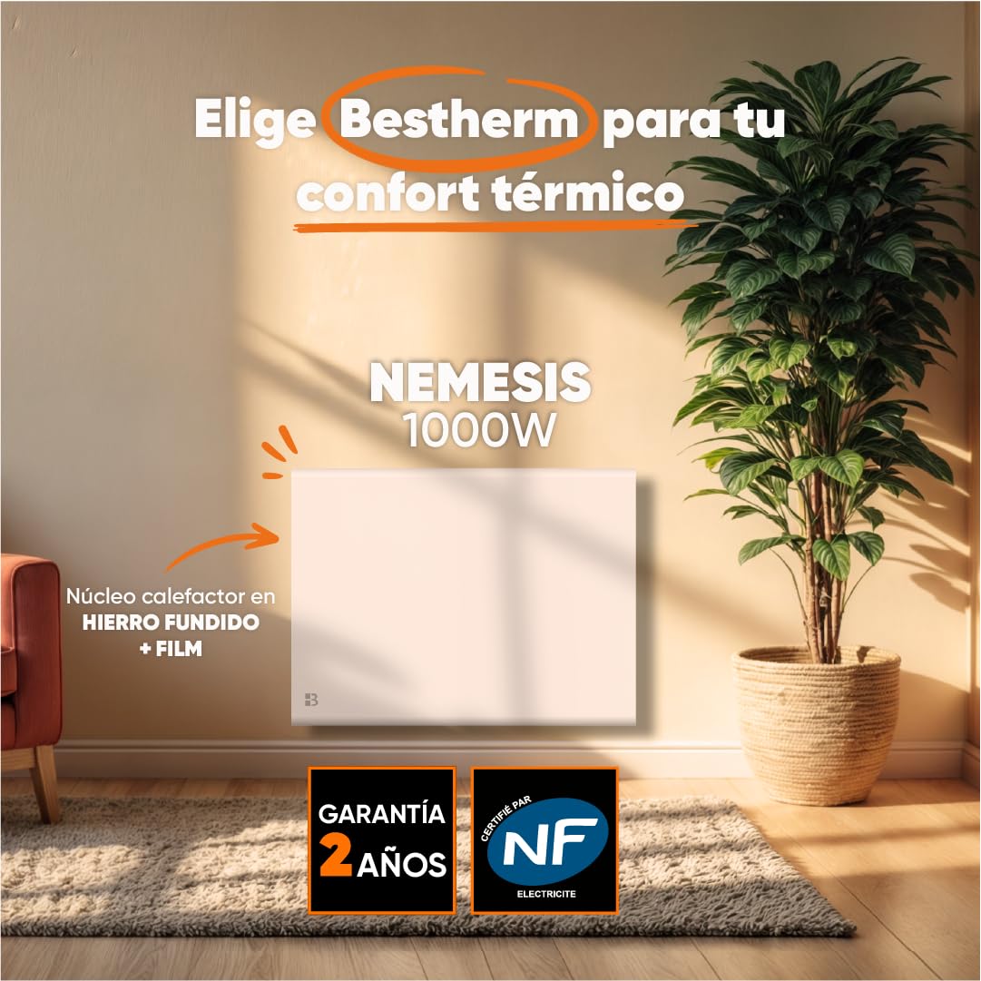 BESTHERM - Radiador eléctrico fijo de inercia seca hierro fundido+película 1000W Bestherm NEMESIS horizontal blanco