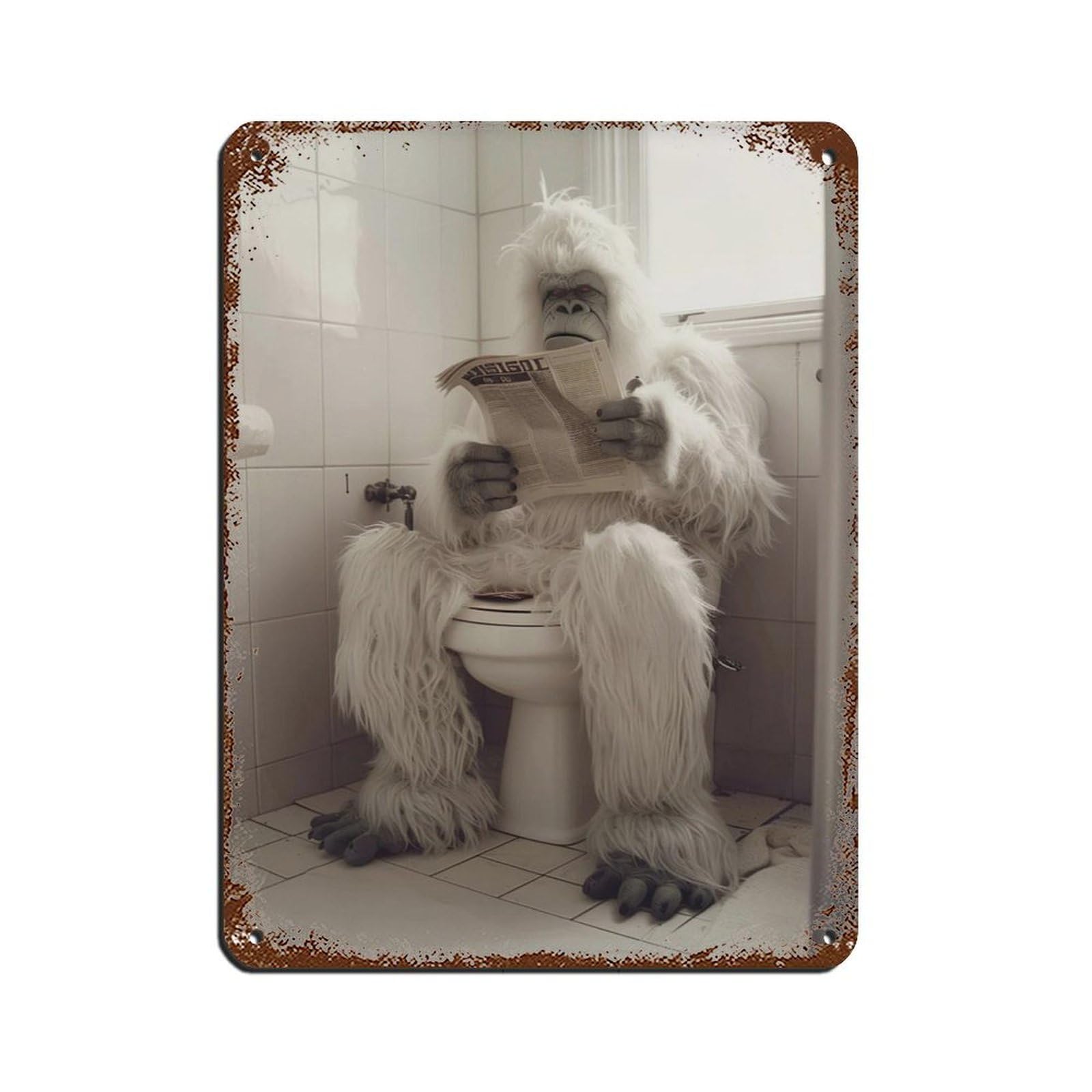 Yeti Sitting on The Toilet Reading A Newspaper (7) Tin Sign Vintage Metal Pub Club Cafe Bar Home Wall Art Decoration Poster Retro 12x16inch(30x40cm)