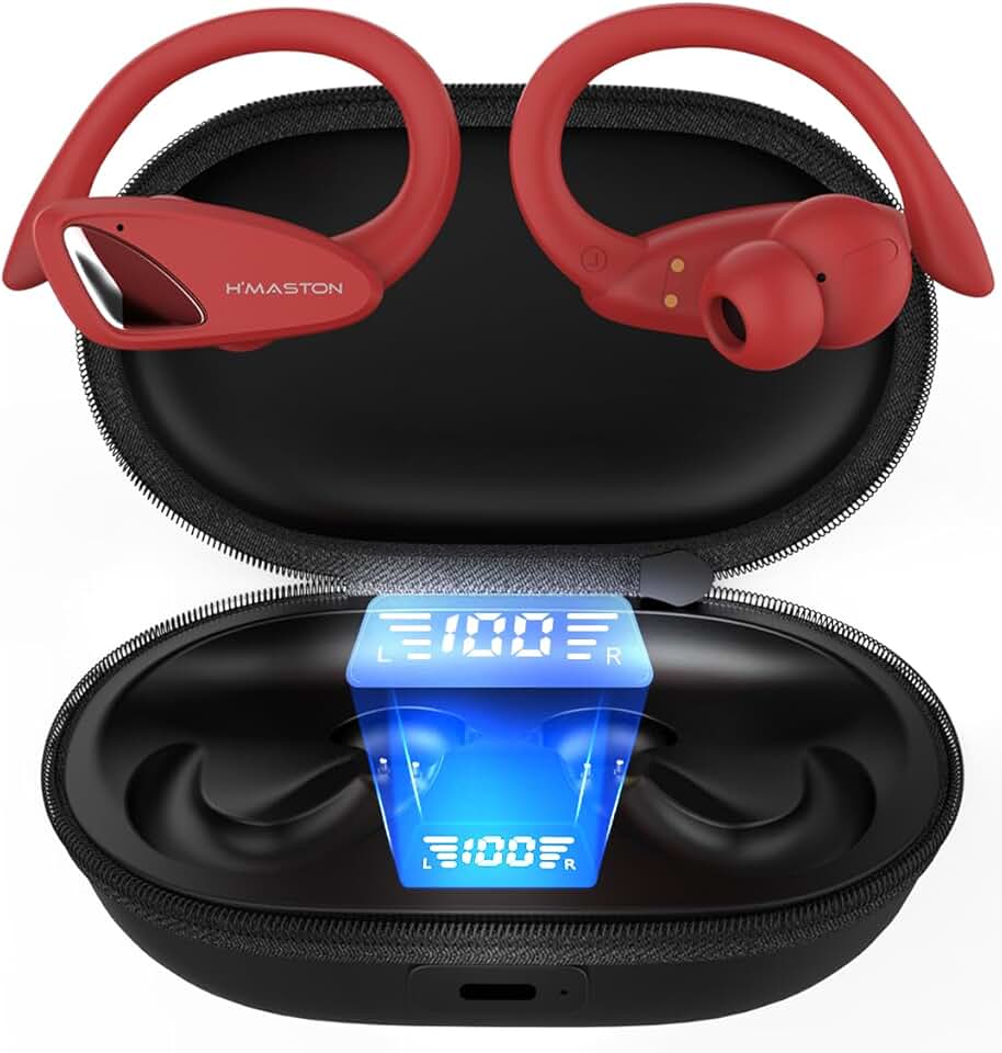 H'MASTON Fone de Ouvido Sem Fio Esportivo Fone BLuetooth 5.3 Tws Cancelamento de Ruído Com Microfone e Led Display Compatível com Sumsung (Clássico-RS-53, Vermelho)