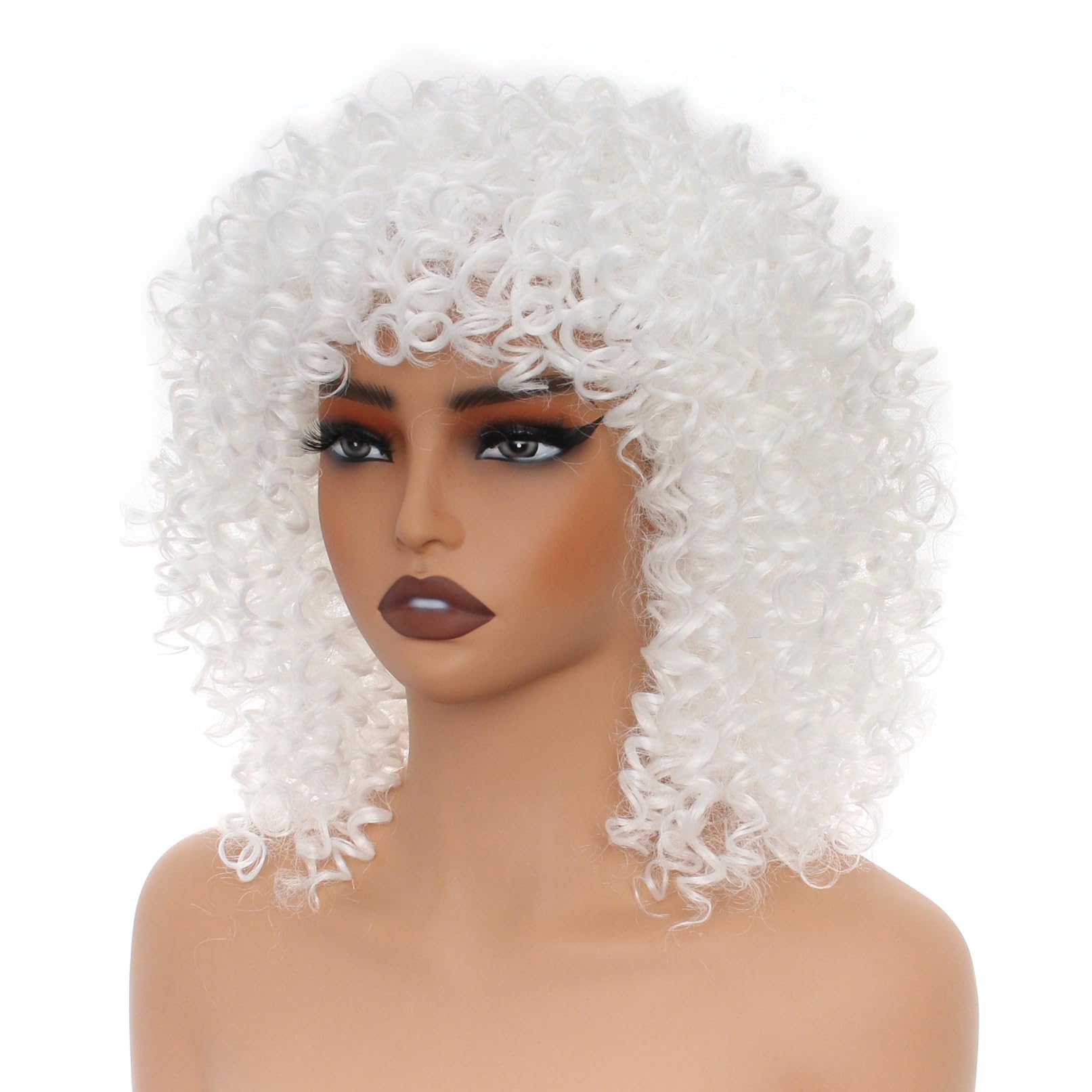 PORSMEER 14 Inch Kinky Curly Wigs for Black Women Afro Bomb Curly Wig with Bangs Synthetic Fiber Glueless Long Deep Wave Hair (White) - Image 4