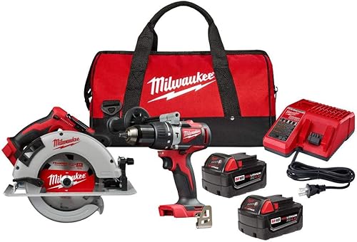 Milwaukee 2992-22 M18 18-Volt Litio-Ion Brushless - Taladro de martillo inalámbrico y sierra circular (2 herramientas) con dos baterías de 4.0 Ah