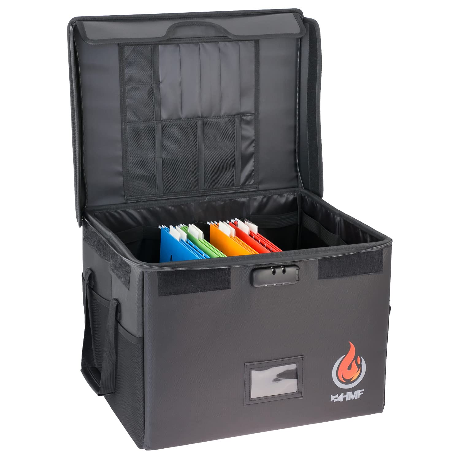 HMF Brandbestendige documentendoos DIN A4, waterdichte geldcassette met slot | 36,5 x 32 x 15,5 cm | Zwart