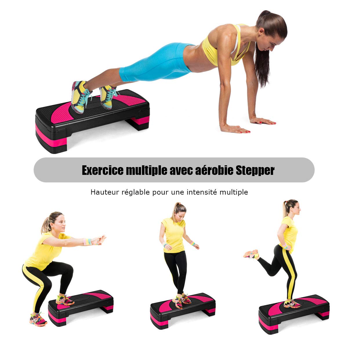 COSTWAY Aérobic Step Fitness Réglable Hauteur 3 Niveaux 10/15/20CM Surface Antidérapant Capacité Poids 250KG Noir