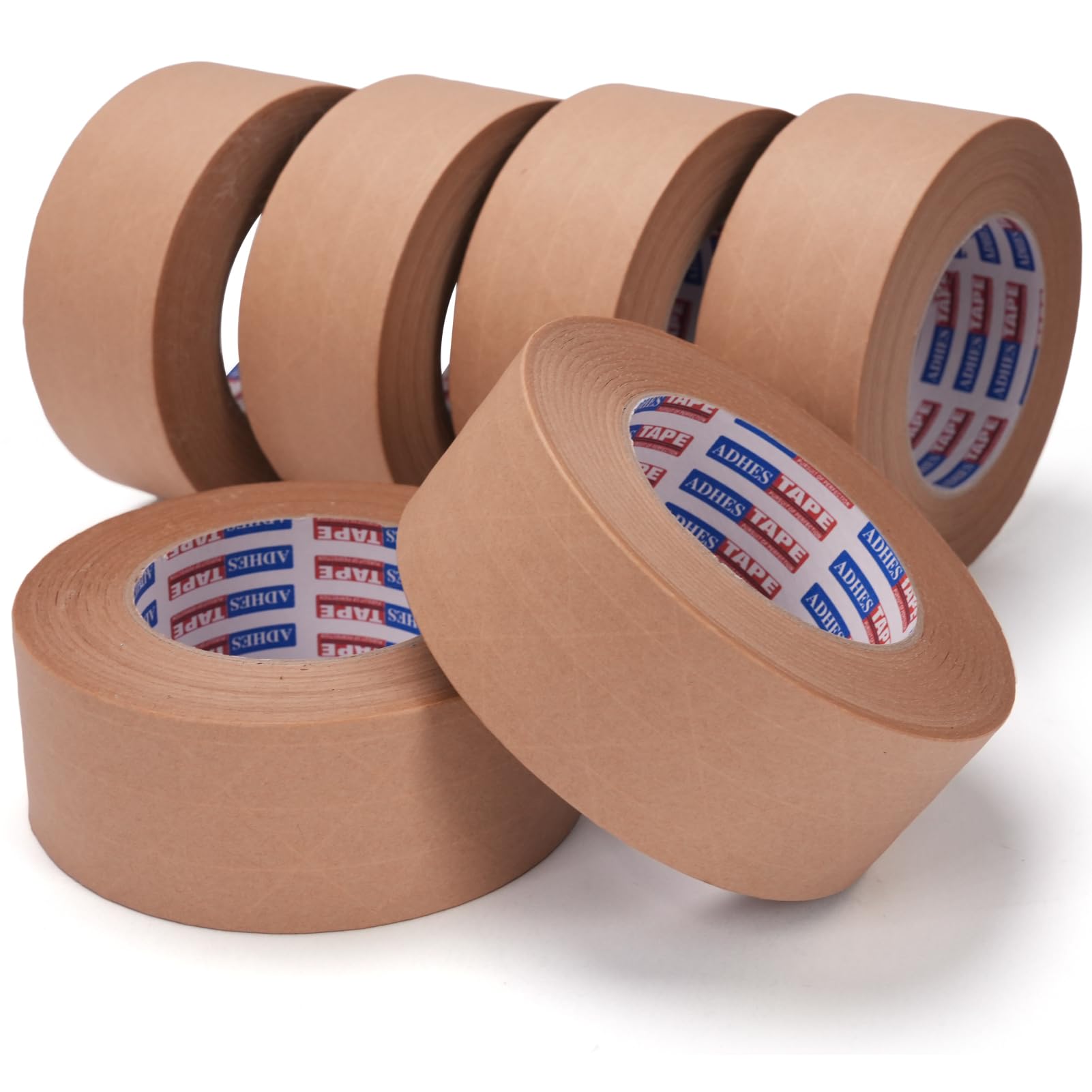 ADHES 6 Rollos 50mm x 50m Cinta Adhesiva Cinta KraftReforzada con Fibras, Autoadhesiva Cinta de Embalaje de PapelKraft Marron para Transporte Ecologico Movil