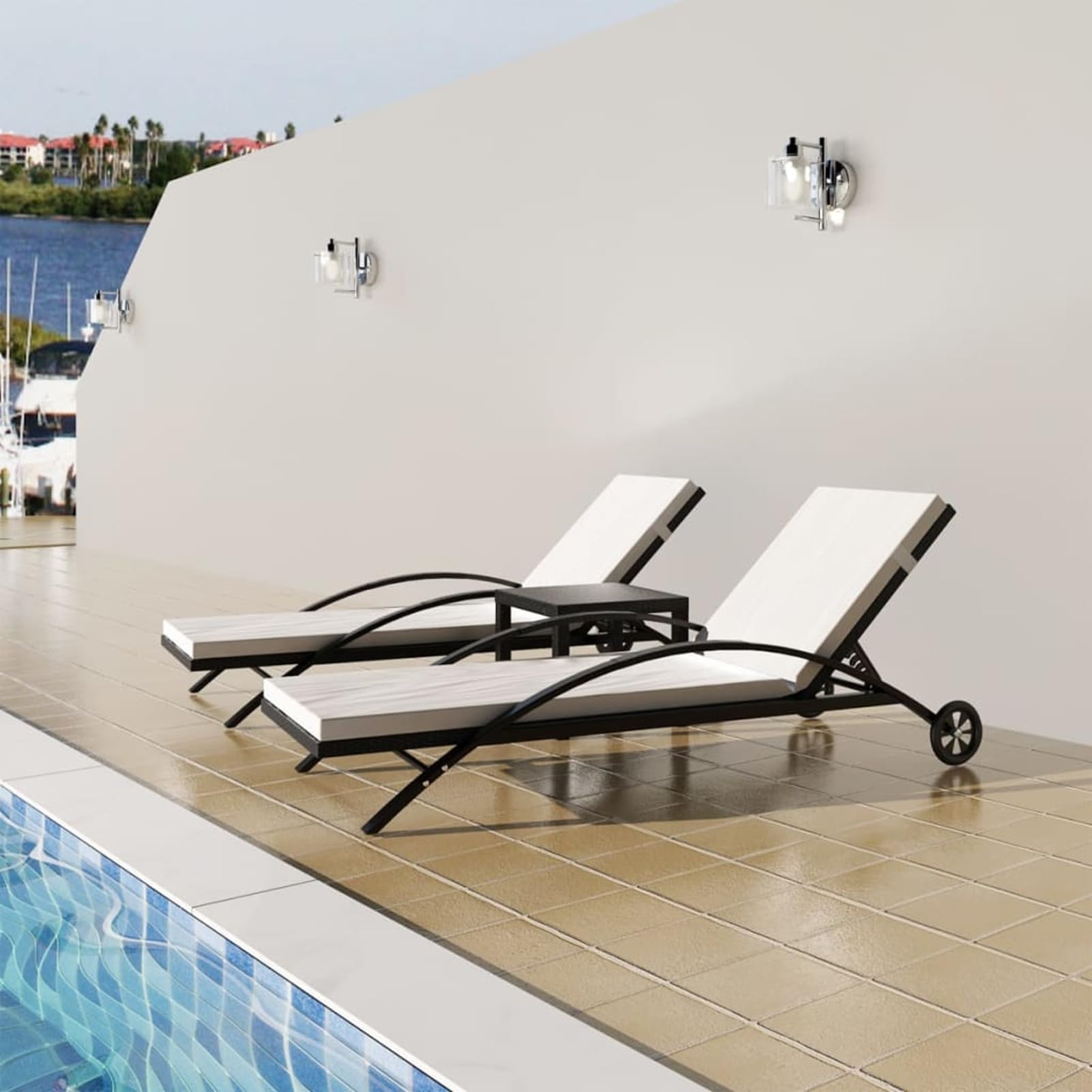 Chaise longue en rotin synthétique noir Gecheer avec table basse intégrée pour jardin